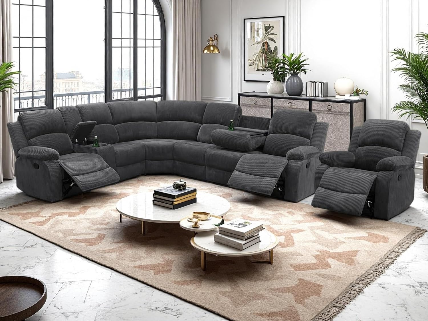 Manual Reclining Sofa Set with Drop-Down Table, Corduroy Sofa Sets, Living Room Furniture Sets, Modern Manual Recliner Sofa Sets with Storage Console for Living Room (Dark Grey, Sectional+Chair)