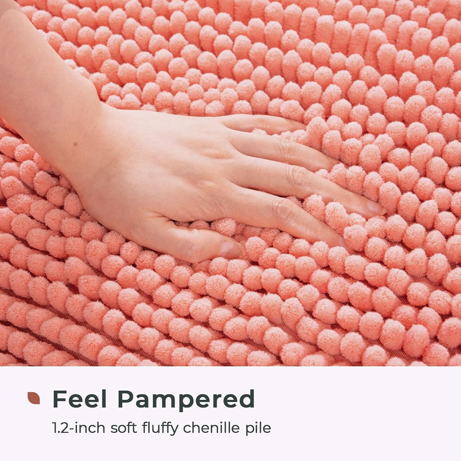 FRESHMINT Chenille Bathroom Rugs Mat 24"x17",Non-Slip Bath Mat for Bathroom Floor & Bathtub, Washable Soft Shower Shag Bath Rugs, Durable Fluffy Thick Water Absorbent Microfiber Shower Mat, Coral - Image 3