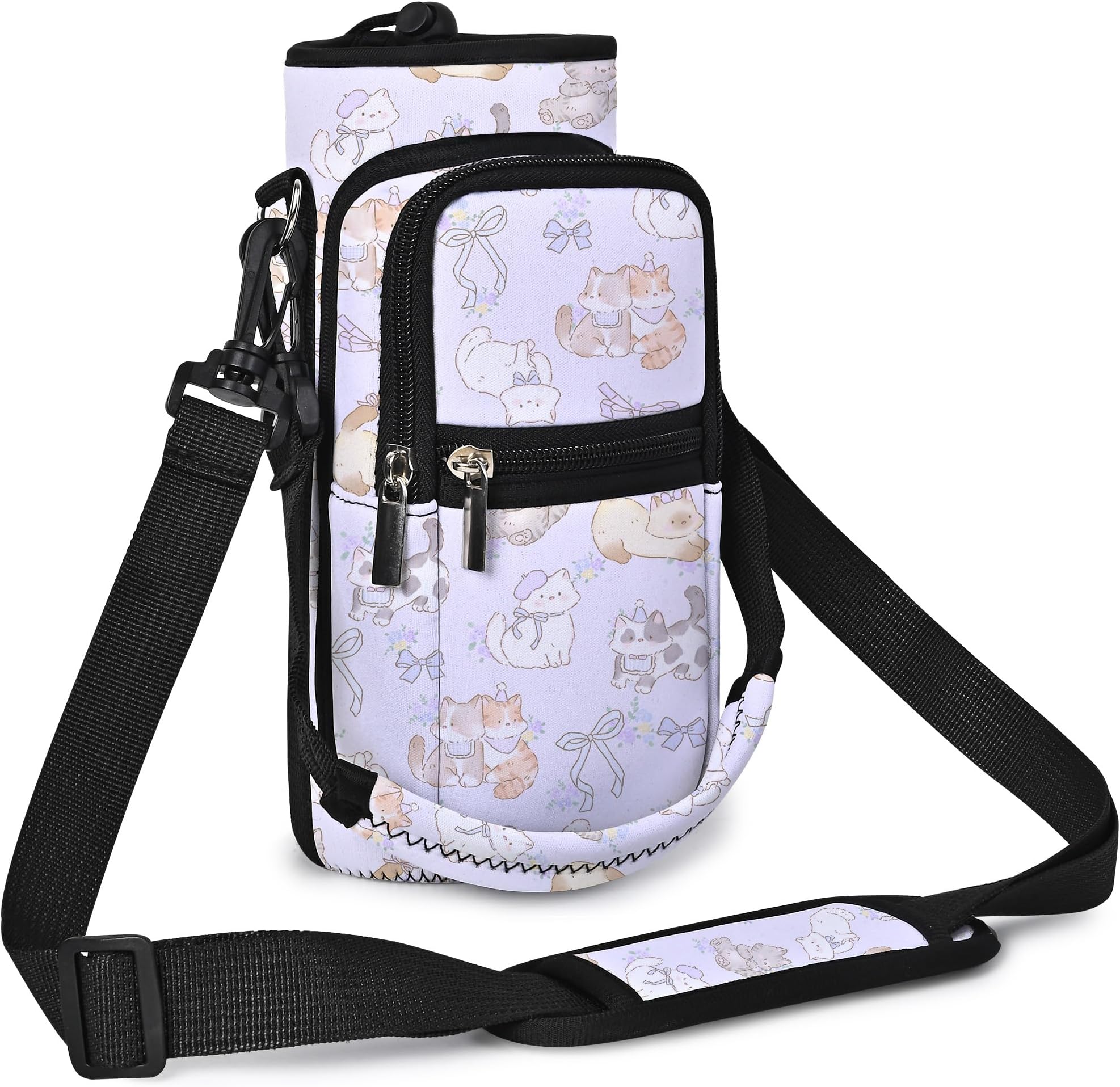 AUPET Water Bottle Sling Bag Sleeve Holder Carrier 25/32/40/64 oz,Insulated Crossbody Water Bottle Case Cover with Strap and Pockets for Men/Women Walking Hiking (Cat Garden, 32oz)