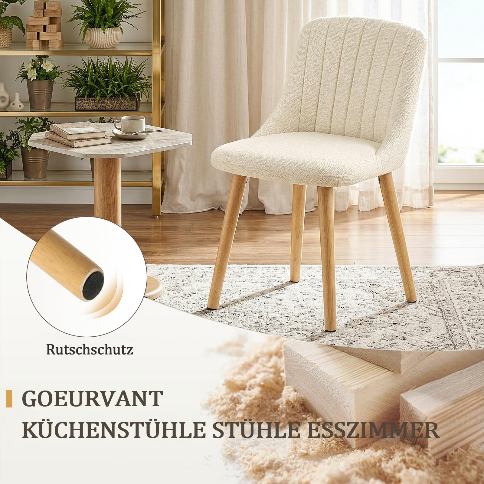 Lot de 6 Chaises de Salle à Manger Blanches avec Pieds en Bois, Chaises Rembourrées en Tissu Chenille, pour Cuisine, Salle à Manger, Salon et Bureau