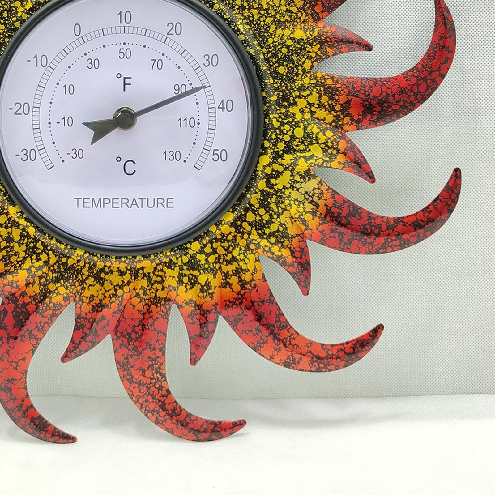 Termometro decorativo da esterno, 40 x 40 x 4 cm, a forma di | sole, per terrazza, soggiorno, serra da giardino, cantina, senza batterie necessarie