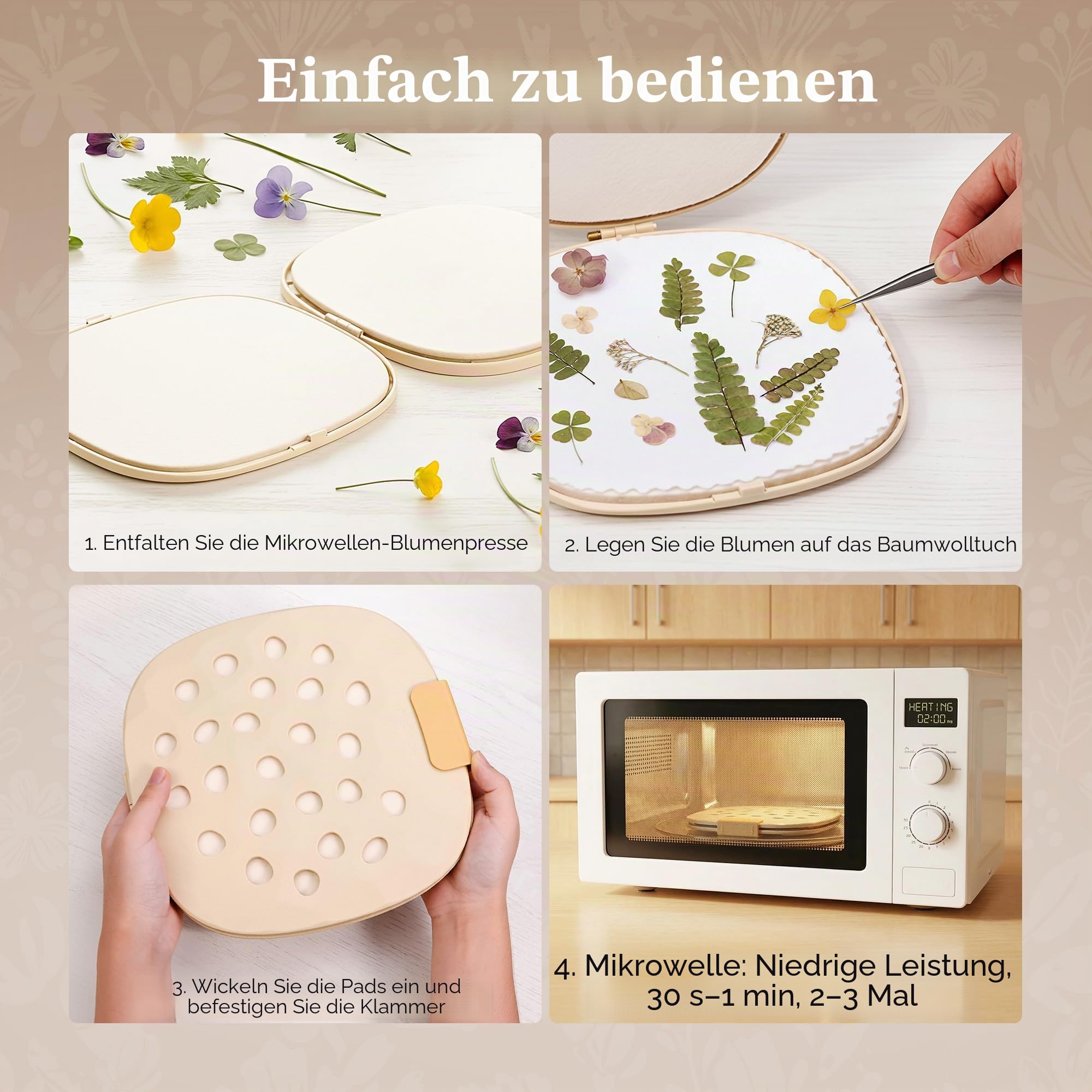 Aboofx Mikrowellen Blumenpresse(22,9x22,9 cm), Schnellste Trocknung in Minuten, Großes Blumenpress Set für Blumen,Kräuter&Blätter, Wiederverwendbar Filzmatten, DIY Basteln, Herbarium, Resin Art