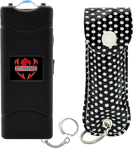 FIGHTSENSE Pepper Spray & 2-in-1 Stun Gun with Flashlight, Self Defense Kit, 25 Bursts, 14 Ft. Range, Painful 1.60 C Charge, 120 Lumen LED Light,