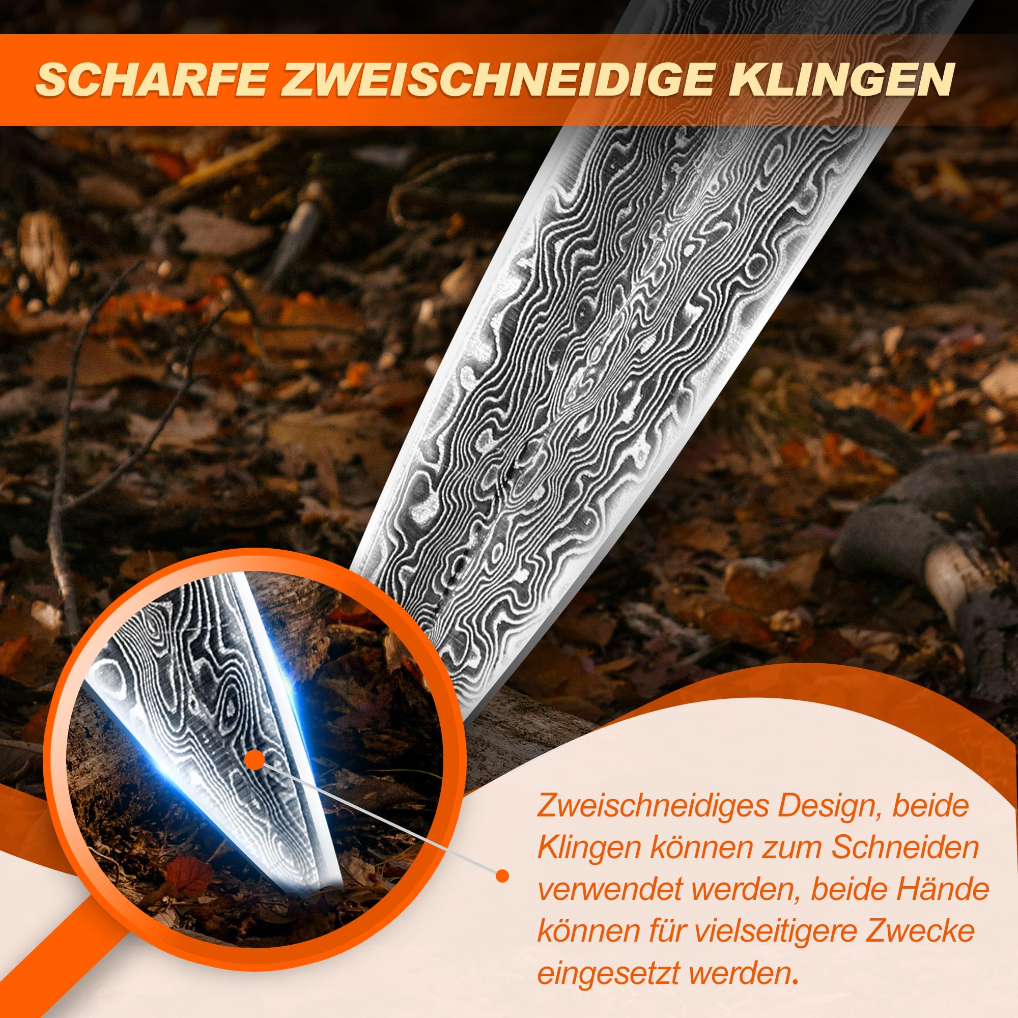TIVOLI Damaszener Jagdmesser,Damaszener Stahl Adventure Outdoor Survival Messer, Zweischneidiges Dolchmesser, Geeignet für die Jagd, Dschungel Abenteuer, Camping, Senden Exquisite Geschenk-Box