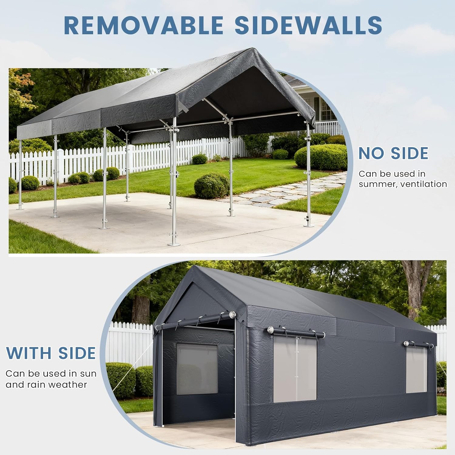 EROMMY Carport, 10x20 Ft Heavy Duty Carport with Roll-up Windows，Portable Garage with Removable Sidewalls, Car Canopy with All-Season Tarp and Sandbags for Truck, Tractor, Boat, Grey