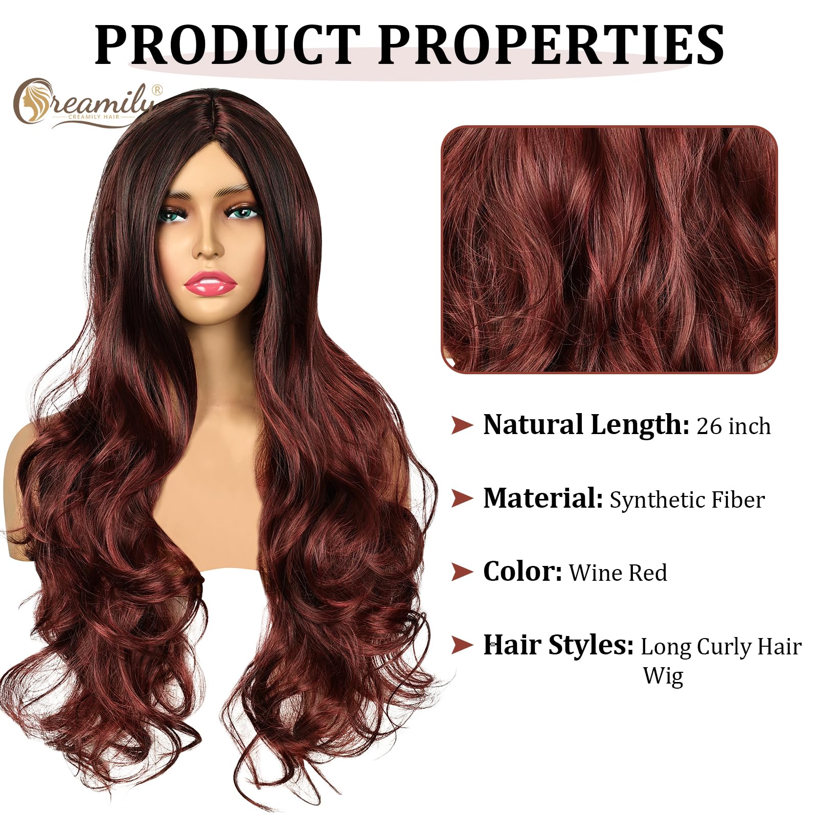 Creamily Long Hair Wig for Women,Red Ladies Wigs Natural Hair Full Head,Synthetic Curly Wig for Cancer Patients Women for Women Halloween Cosplay 4