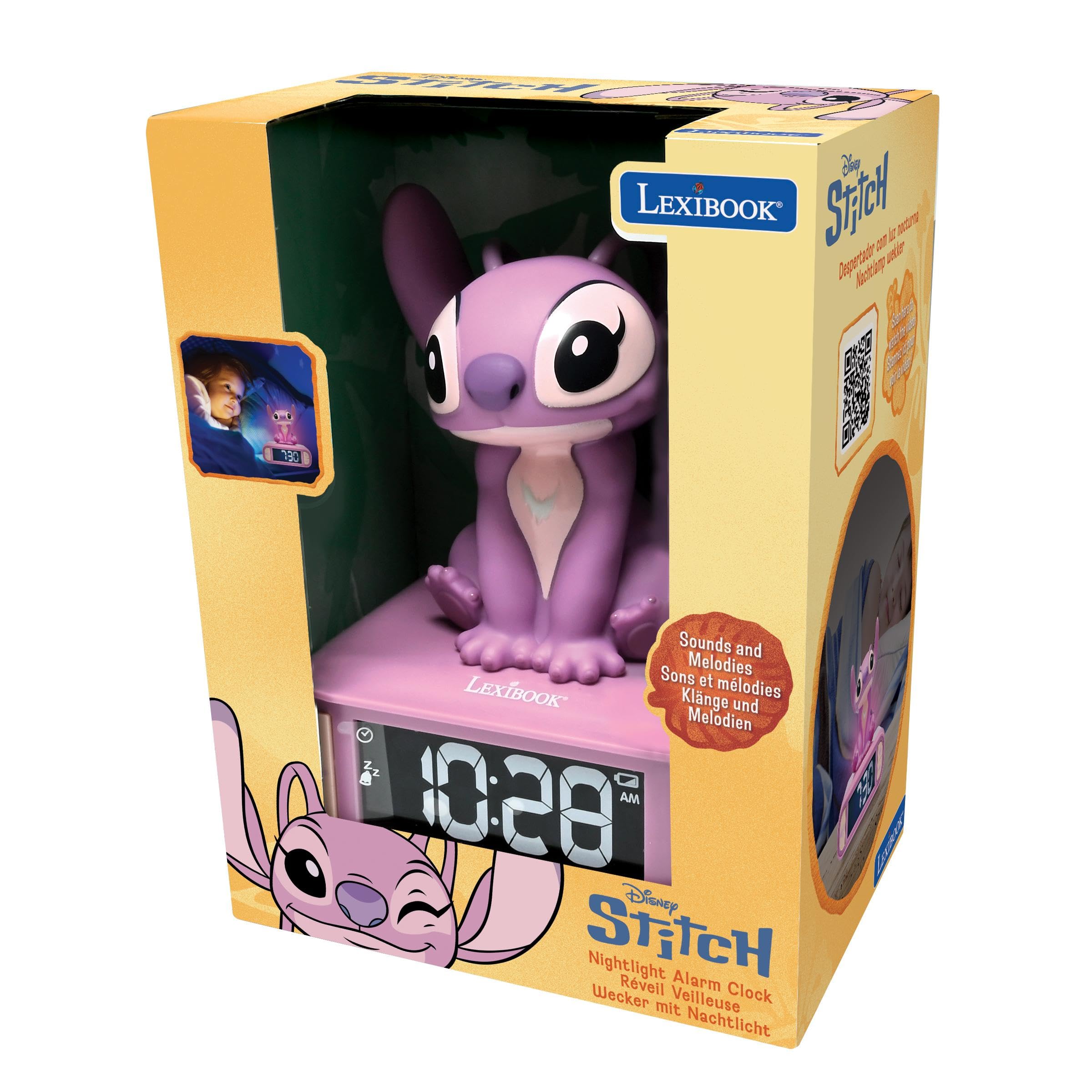 Lexibook, Disney Stitch, Angel Nachtlicht-Wecker, Töne und Melodien, hintergrundbeleuchteter LCD-Bildschirm, Leuchtend, Schlummerfunktion, rosa, RL800D1LXB