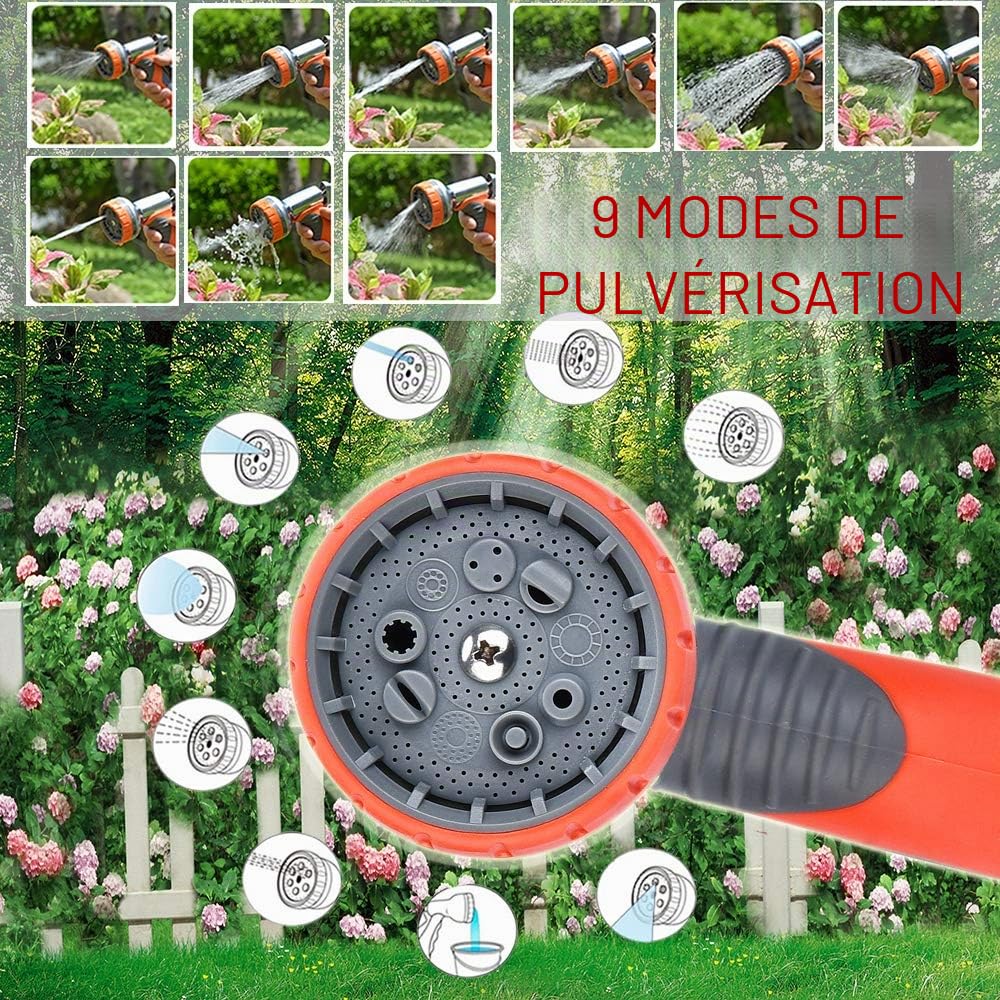 LUFENG Tuyau d’arrosage Extensible 150ft/45m, Tu yau Arrosage Rétractable à 9 Modes Pistolet d’arrosage avec Raccord en Laiton, T uya u d’eau pour Jardin Lavage de Voiture et Douches des Animaux