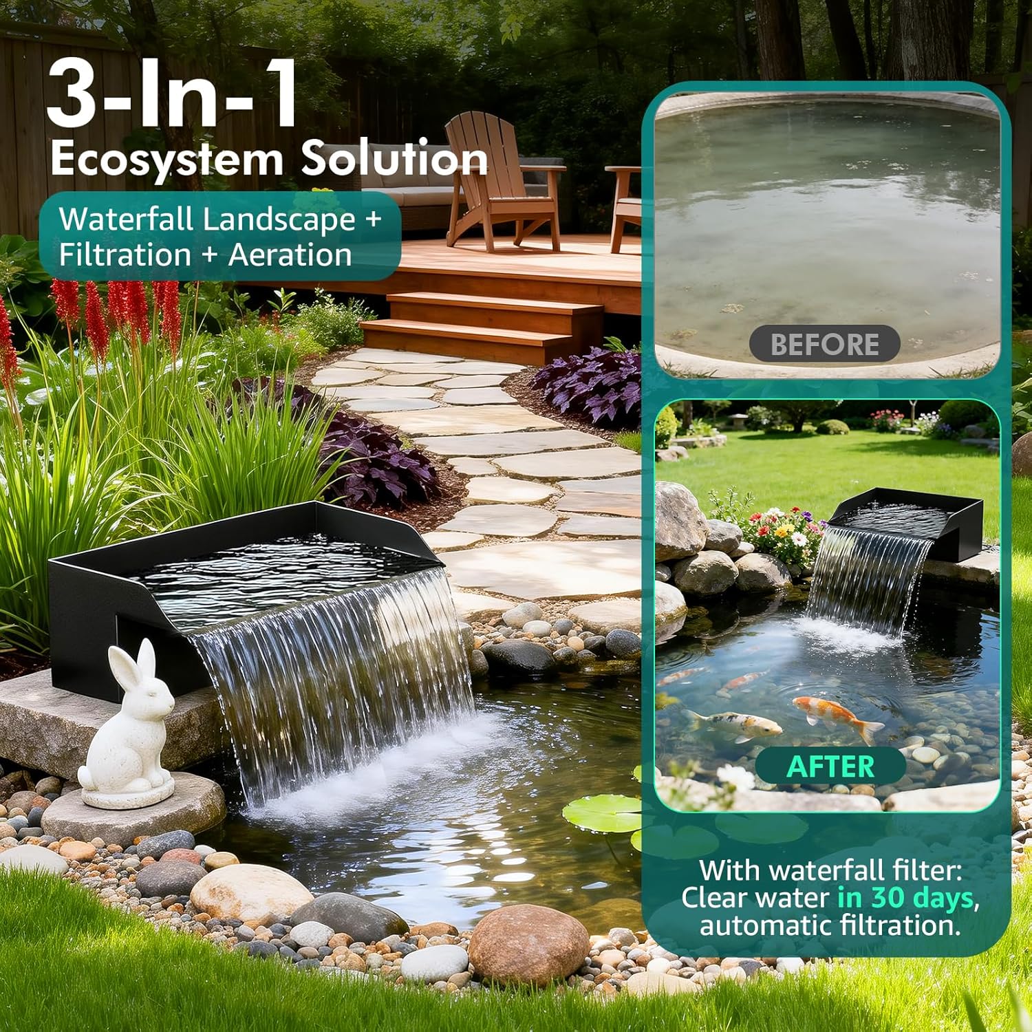 Pond Waterfall Spillway Kit, 8" Pond Waterfall Filter with 660GPH Waterfall Pump & Filter Cage, 10 Ft Corrugated Tubing for Outdoor Garden Ponds, Backyard Water Features