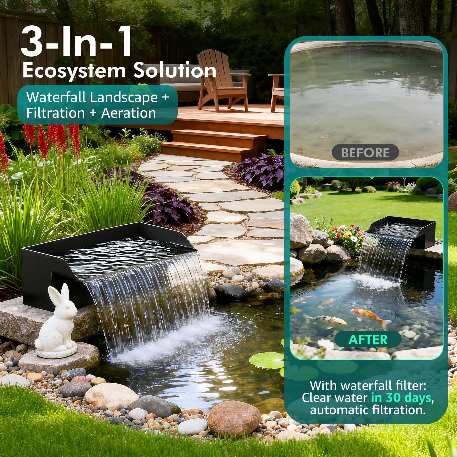 Pond Waterfall Spillway Kit, 30cm Pond Waterfall Filter with 2500L/h Waterfall Pump & Filter Cage, 3m Corrugated Tubing for Outdoor Garden Ponds, Backyard Water Features — view 5