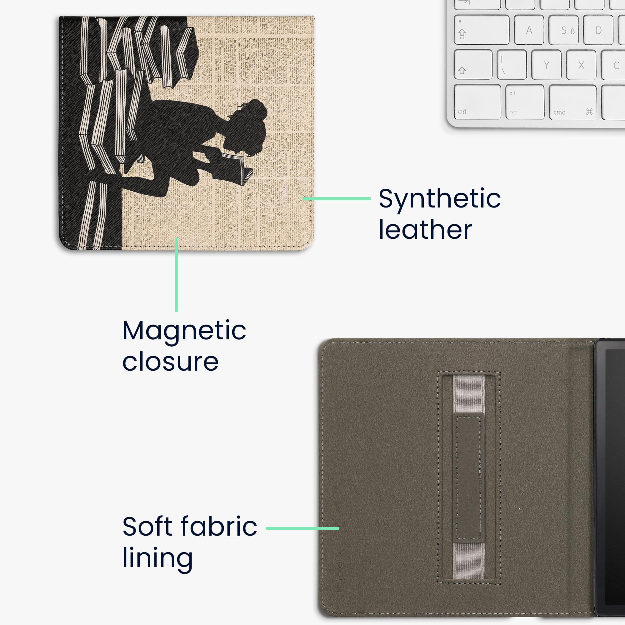 kwmobile Étui Compatible avec Kobo Forma Coque - Étui à Rabat magnétique Tablette eReader Similicuir avec Sangle - Noir-Beige