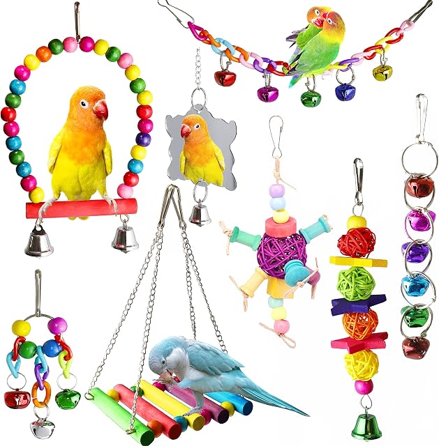 8 Pcs Bird Budgie Parakeet Toys, ESRISE Hanging Bell Hammock Swing Cockatiel Toy Wooden Perch Mirror Chewing Toy for Small Parrots, Conures, Love Birds (Muliti-A)