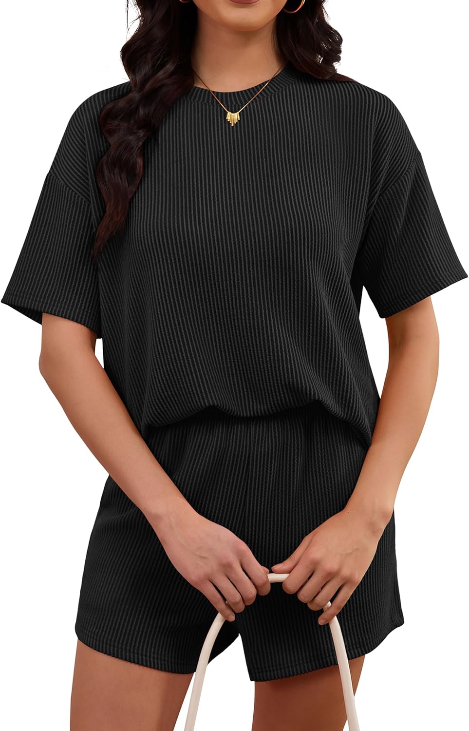 RUBZOOF Women's 2 Piece Sets Short Sleeve Outfits Ribbed Textured Knit Lounge Shorts Set Oversized Tracksuit Matching Sets - Image 3