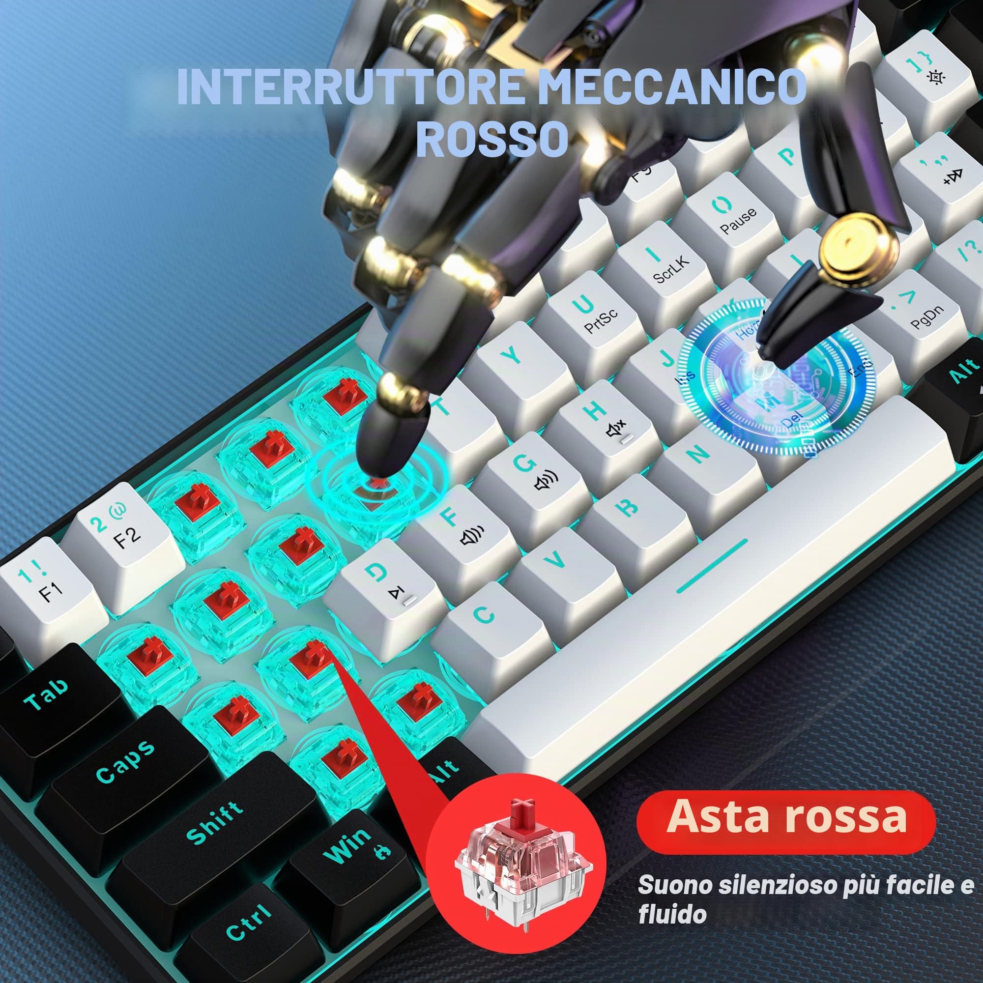 Snpurdiri 60% tastiera meccanica da gaming cablata, 61 tasti anti-ghosting, retroilluminazione LED blu, ultracompatta con due supporti (interruttore rosso/nero bianco)