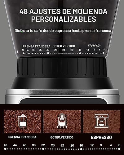 Miniatura 6 de AMZCHEF Molinillo de café, molinillo de granos de café para uso doméstico con 48 ajustes precisos de molienda, soporte de embudo desmontable para