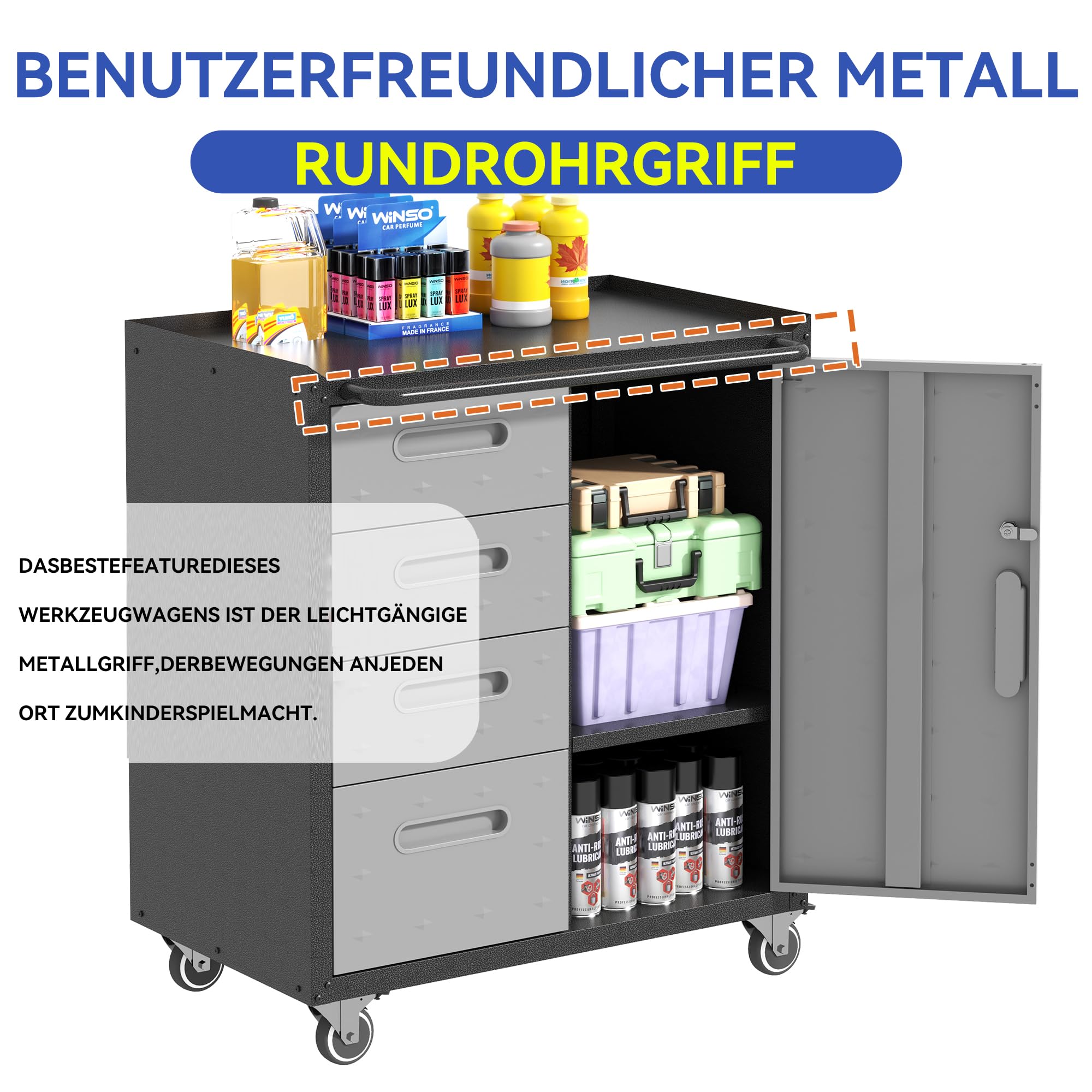 Generisch Stabilna metalowa szafka na narzędzia z 4 szufladami + zamykana półka, nośność 90 kg i kółka obrotowe 360°, 75 x 42 x 88 cm – do garażu, warsztatu, gospodarstwa domowego
