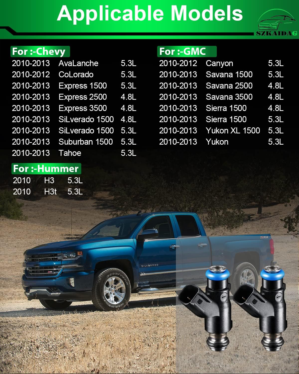 Fuel Injectors for:-Chevy Silverado 1500 Tahoe Suburban AvaLanche for:-GMC Sierra Canyou Savana 2500 3500 Yukon 4.8L 5.3L 6.0L 2010 2011 2012 2013 for:-Humeer H3T OE#12613411 FJ1061