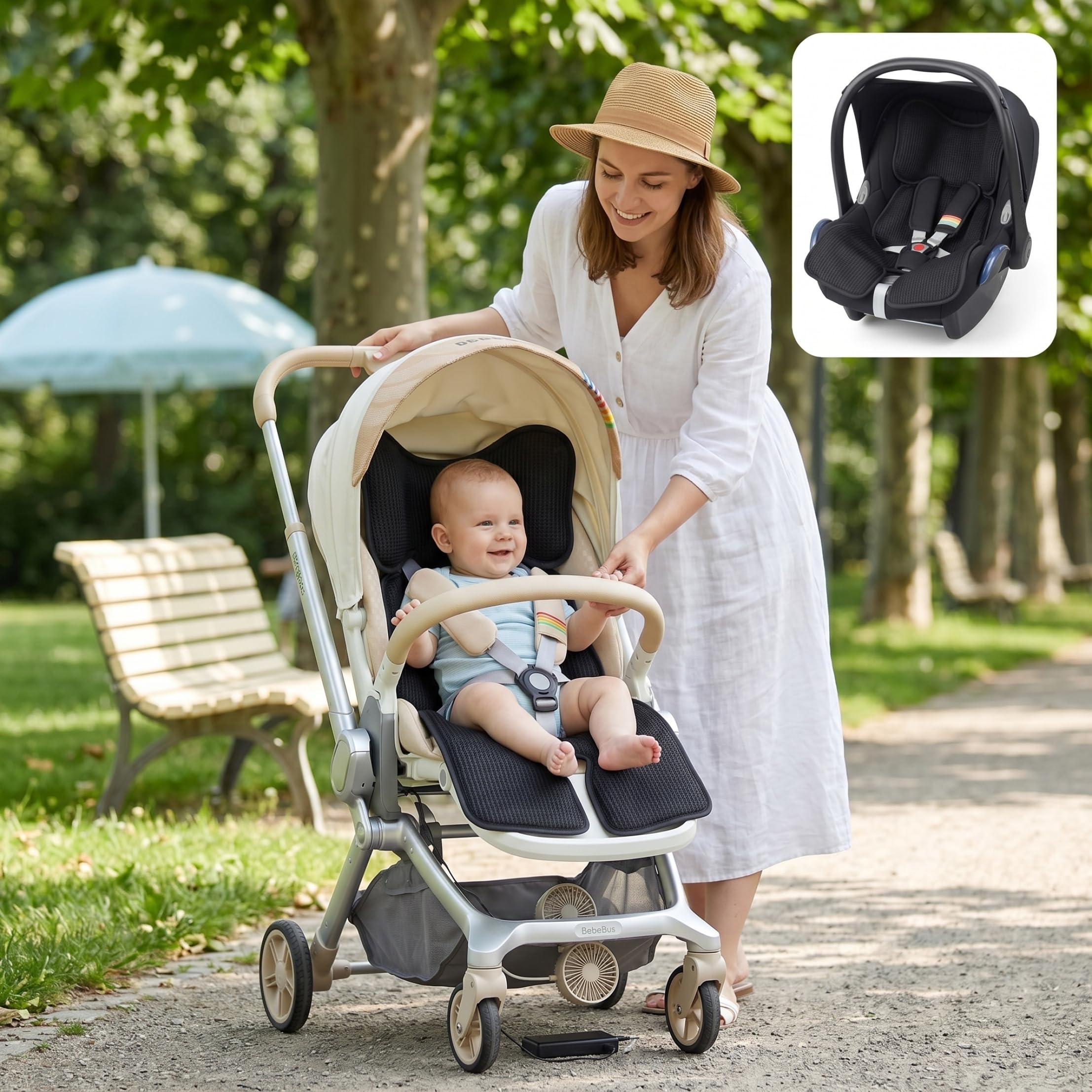 Tappetino di raffreddamento per passeggino, 32 × 15 pollici Tappetino di raffreddamento per bambini 3 velocità e 4 ventilatore incorporato Cuscino di ventilazione alimentato tramite USB Elementi