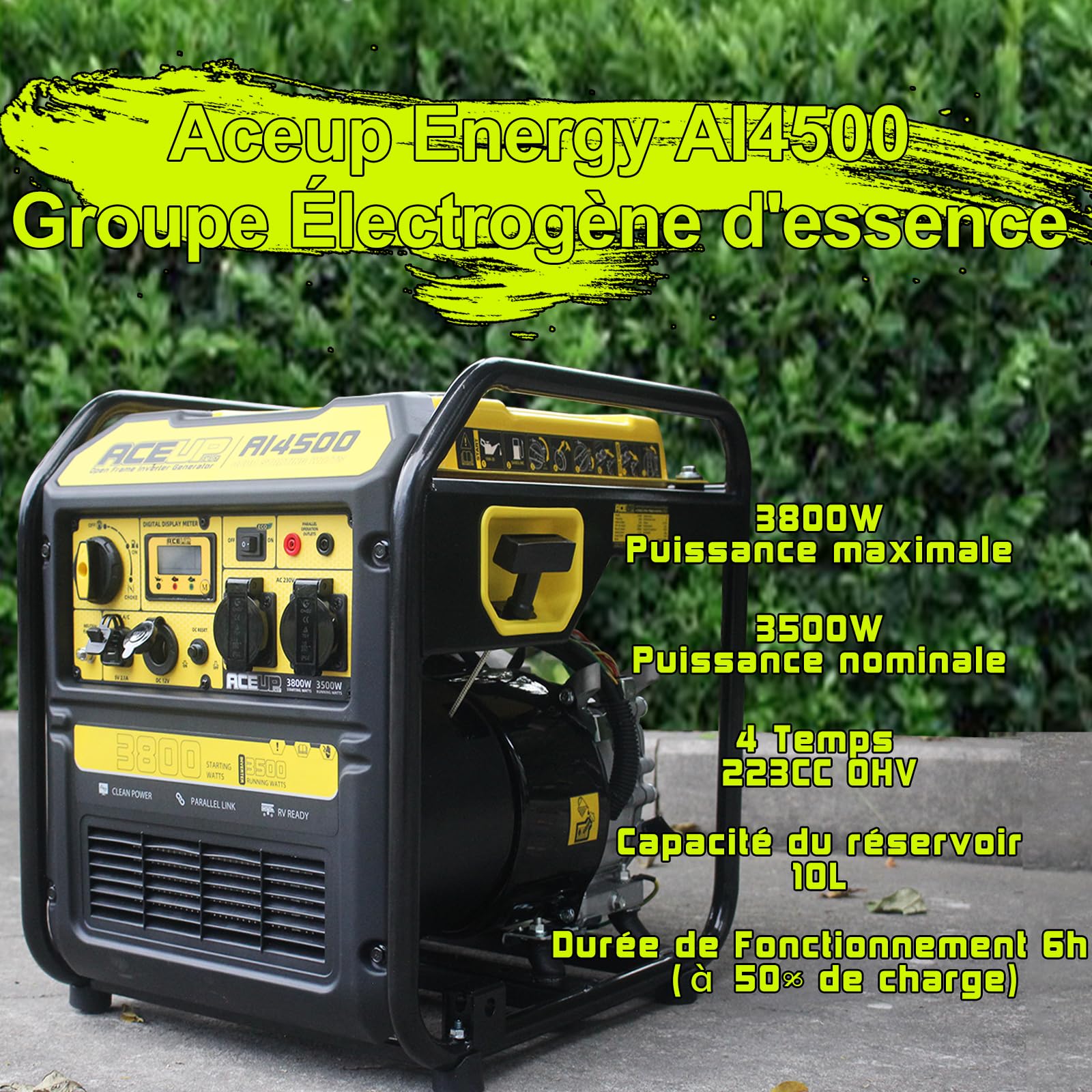Aceup Energy Groupe électrogène à inverseur 3800W avec générateur à essence 230V 12V pour pannes de courant et chantiers de construction Affichage intelligent 4 temps