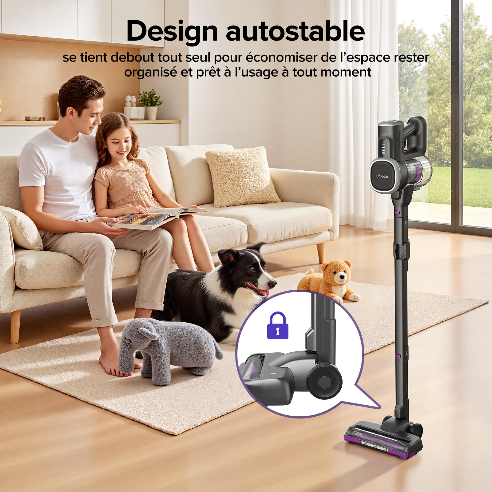 Lubluelu Aspirateur sans Fil 400 W, Puissance d'aspiration 45 000 Pa, autonomie de 50 Min, Brosse Anti-emmêlement et 2 filtres, aspirateur sans Fil pour sols durs, Tapis et Poils d'animaux, Noir