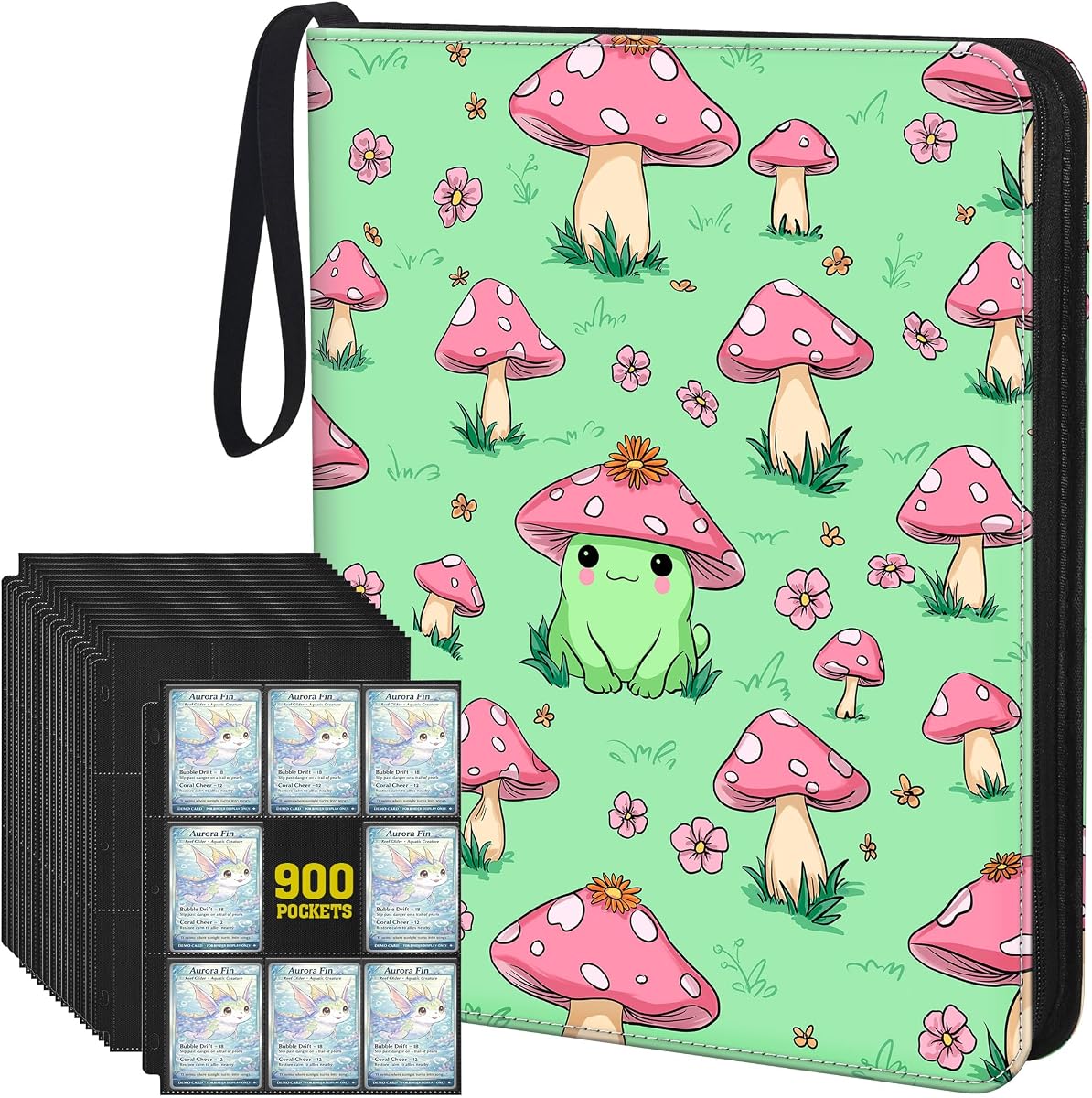 Cute Frog & Mushroom 9-Pocket Trading Card Binder Album, 900 Card Zipper Binder with 50 Removable Sleeves, Refillable 3-Ring Card Book for MTG, TCG and Sports Cards, Fits 2.5" x 3.5" Cards