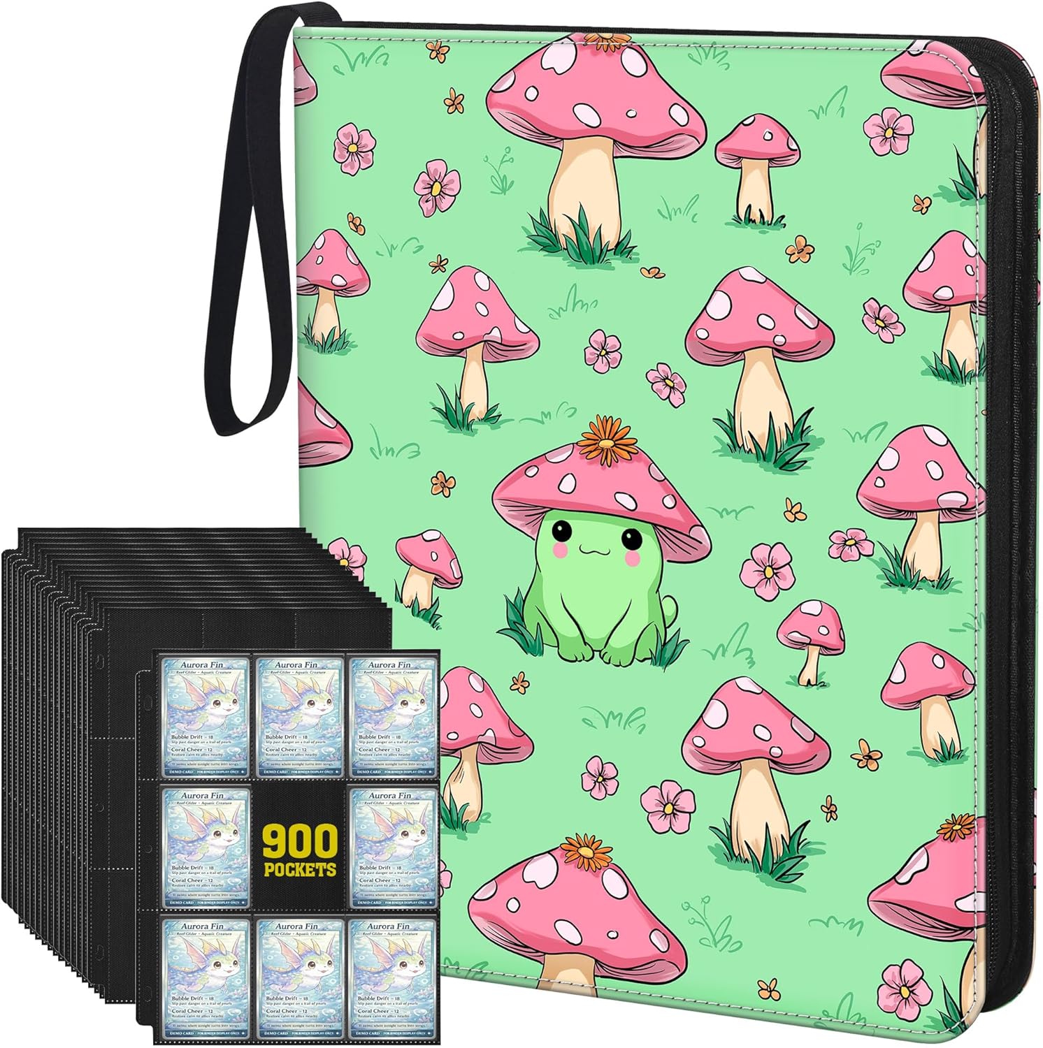 Cute Frog & Mushroom 9-Pocket Trading Card Binder Album, 900 Card Zipper Binder with 50 Removable Sleeves, Refillable 3-Ring Card Book for MTG, TCG and Sports Cards, Fits 2.5" x 3.5" Cards