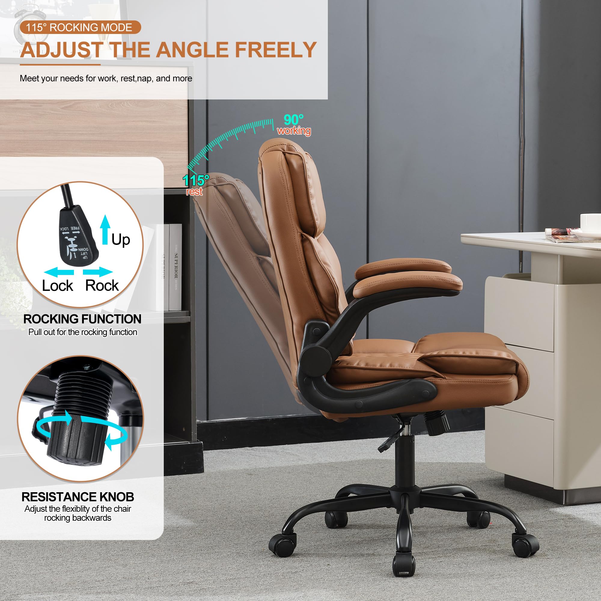 Office Desk Chair,Mid Back Executive Leather Chair,Ergonomic Home Computer Chair,Modern Conference Room Chairs with Adjustable Flip-Up Arms and Rocking Function (Brown)