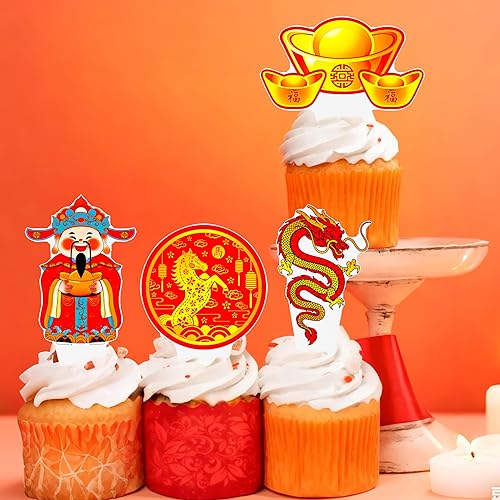 Miniatura 7 de Decoraciones para cupcakes de Año Nuevo chino, 48 piezas de selecciones de Año Lunar 2025 Año de serpiente, selecciones de pasteles de fiesta