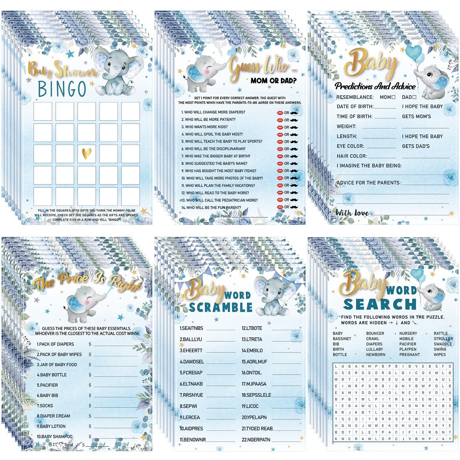 Jetec 302 Pcs Baby Shower Games, 6 Games,50 Sheets Each