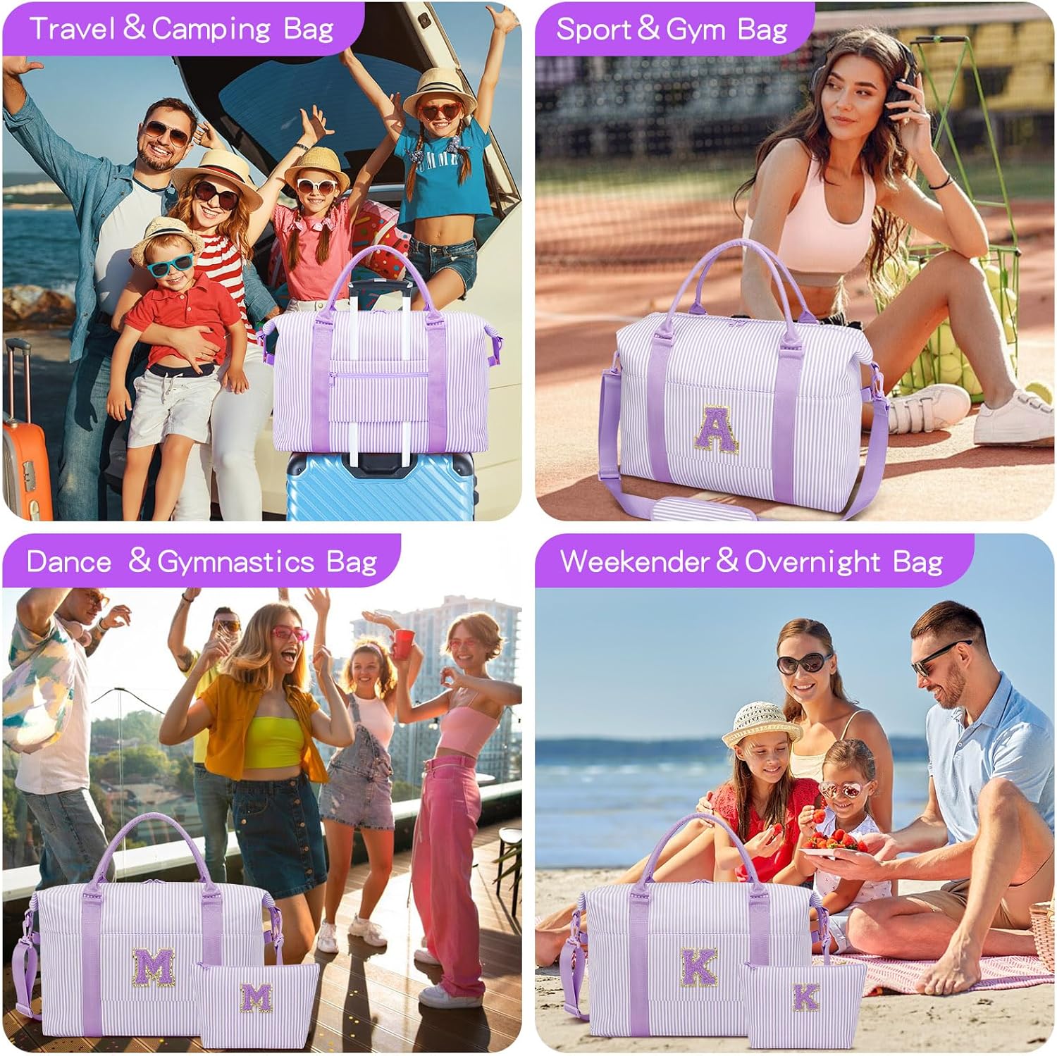 Birthday Gifts for Teen Girl, Personalized Dance Travel Duffel Bag for Girls Women, Cute Initial Overnight Weekender Gym Bag with Makeup Pouch（Purple,A)
