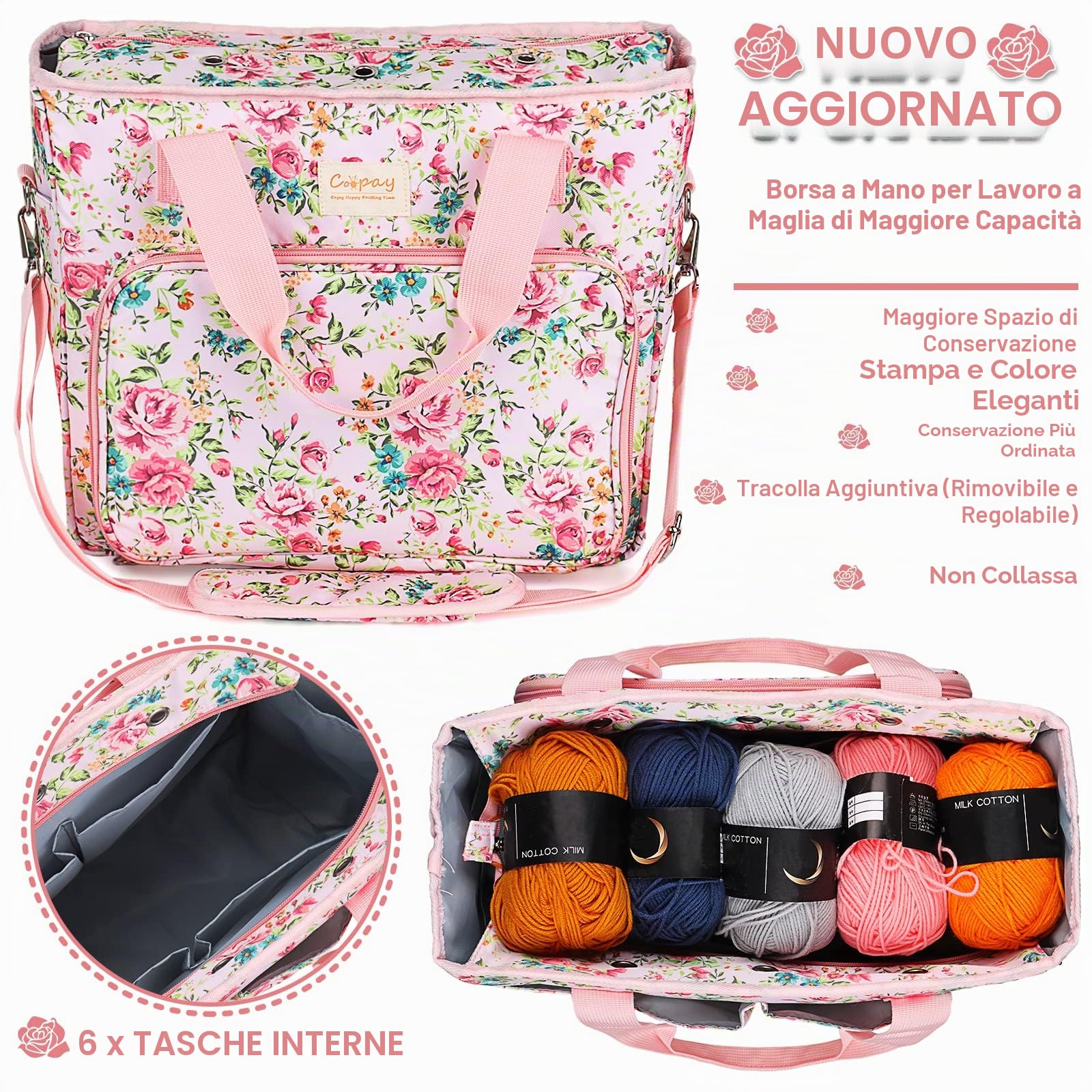 Coopay Borsa per Lavori a Maglia, Borsa per la Conservazione dei Filati in Lana, Custodia per i Filati per Ferri da Maglia e Altri Accessori, Impermeabile con Cerniera, Grandi