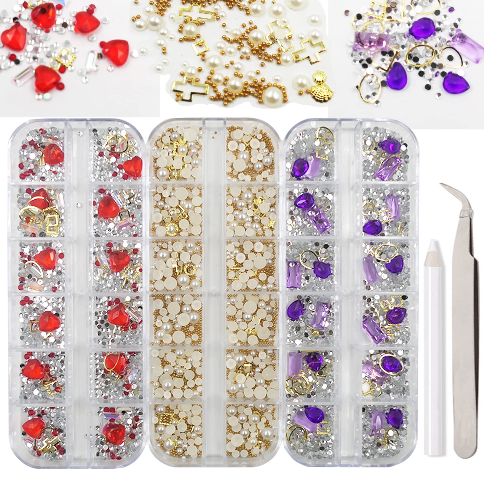 Lifextol3 Boxes Nail Art Rhinestones Nail Beads Glass Gems Stones for Women Makeup DIY Crafts Nail Art