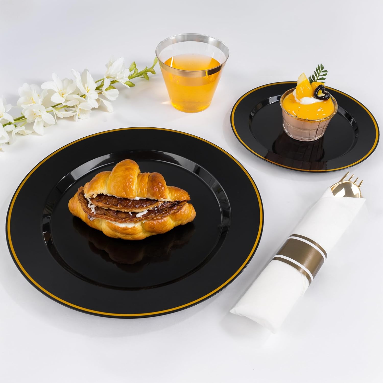 SUT 175 Pcs Black and Gold Plastic Dinnerware Set for 25 Guests, Include: 25 Dinner Plates, 25 Dessert Plates, 25 Pre Rolled Napkins With Silverware, 25 Cups, Disposable Plates for Party - Image 4