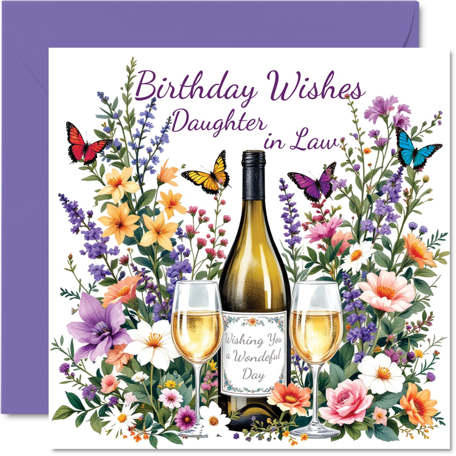 Daughter in Law Birthday Card - Flowers & Wine - Happy Birthday Card for Daughter in Law from Father Dad Mother Mum, 145mm Flowers & Wine Bday Greeting Cards