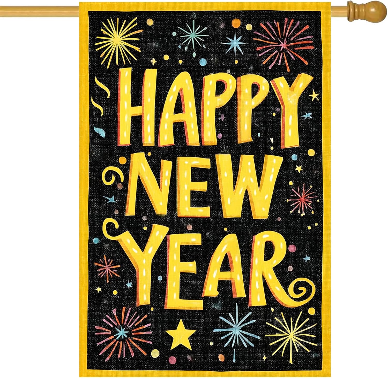 Happy New Year House Flag 28x40 Inch Double Sided Garden Flag Colorful Fireworks Gold Letter Design Winter Holiday Yard Banner Large Outdoor Polyester Flag for Porch Lawn Home Decoration