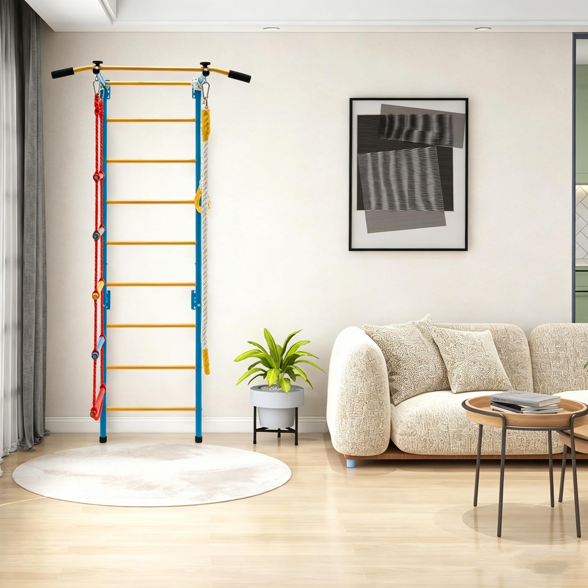 HOMASIS Escalera Sueca Mural 5 en 1, Espalier de Madera con Barra de Tracción, Escalera de Cuerda, Cuerda y Anillos de Gimnasia, Juego de Escalada para Adultos y Niños de 3 Años+ (Amarillo)