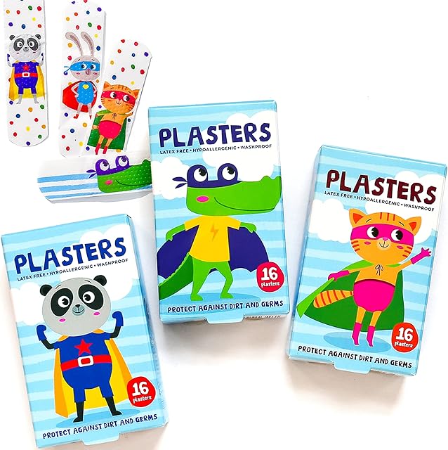 Superhero Plasters for Kids (Latex Free/Hypoallergenic/Washable/Plasters/Assorted Models), 32 Count (Pack of 1)