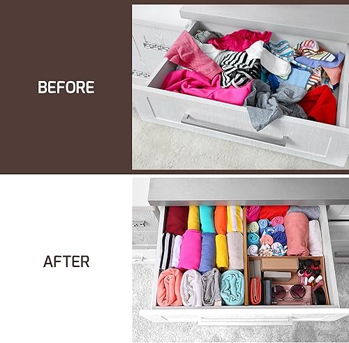 Miniatura 3 de Paquete de 6 separadores de cajones de 4 pulgadas de alto, organizadores de bambú ajustables de 11 a 17 pulgadas, separadores de cajones grandes y