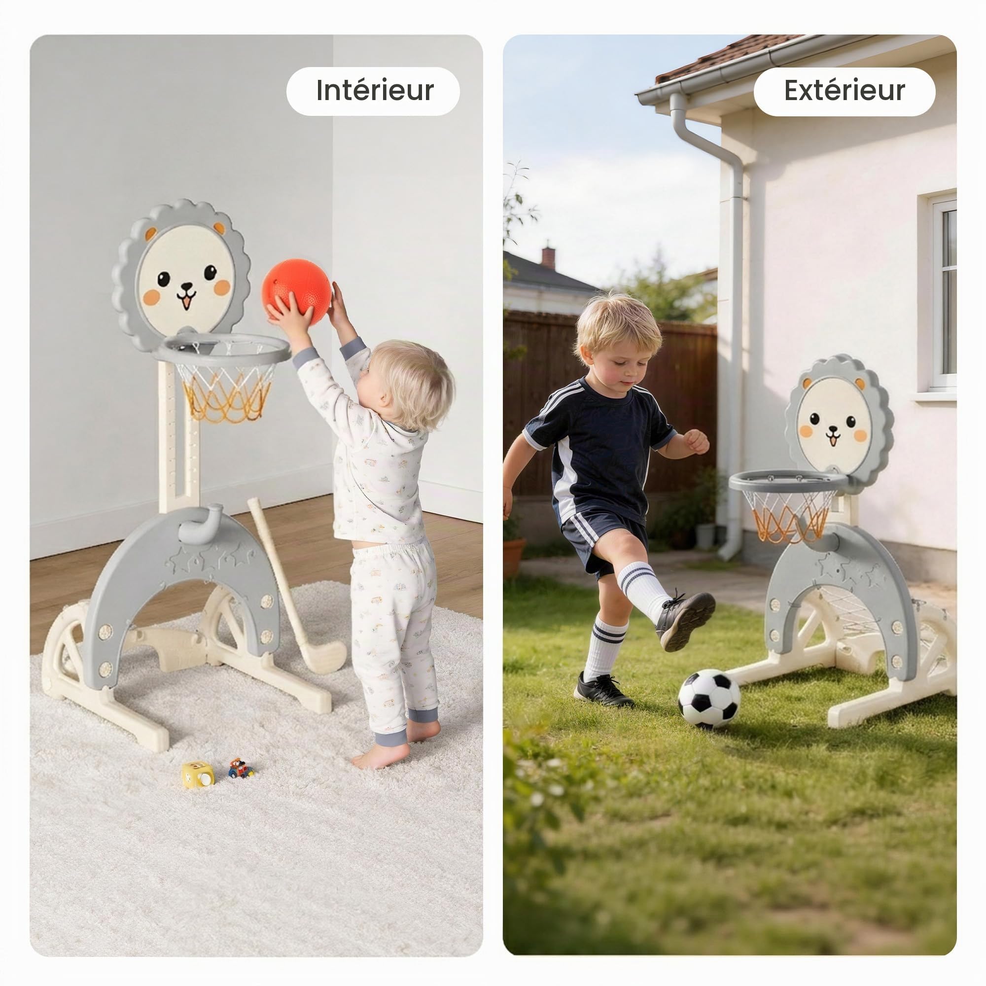 3 en 1 Panier de Basket Enfant - Hauteur Réglable avec But de Football et Lancer d’Anneaux, Mini Panier de Basket, Intérieur et Extérieur, pour Tout-Petits, Gris
