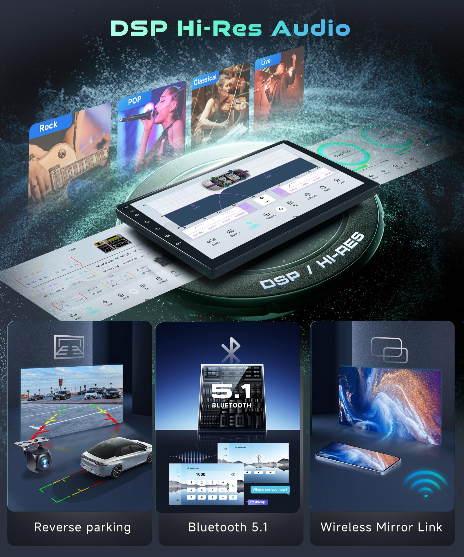 DSP Hi-Res Audio settings interface with options for reverse parking, Bluetooth, and mirror link