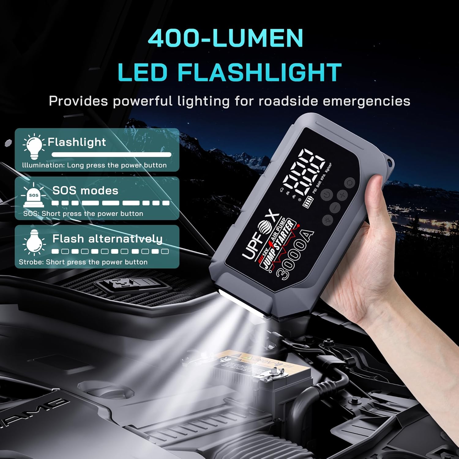 3000A Jump Starter with Air Compressor 12V, 44.4Wh Portable Car Jump Starter for 8.0L Gas & 6.0L Diesel Engines, 150PSI Tire Inflator with LED Display, Emergency Jump Box with Jumper Cables - Image 4