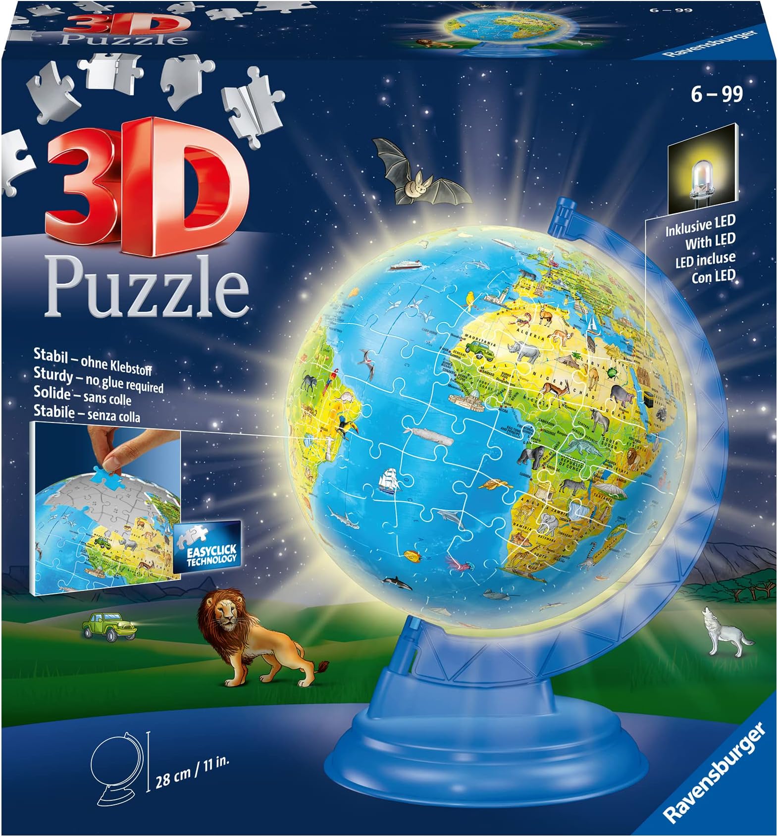 Ravensburger 3D Children’s World Map Light-Up Globe Puzzle – 180 Electric Illumination Pieces, Rotating LED Display Stand, Educational Geography Toy for Ages 6+ | 11288‑3