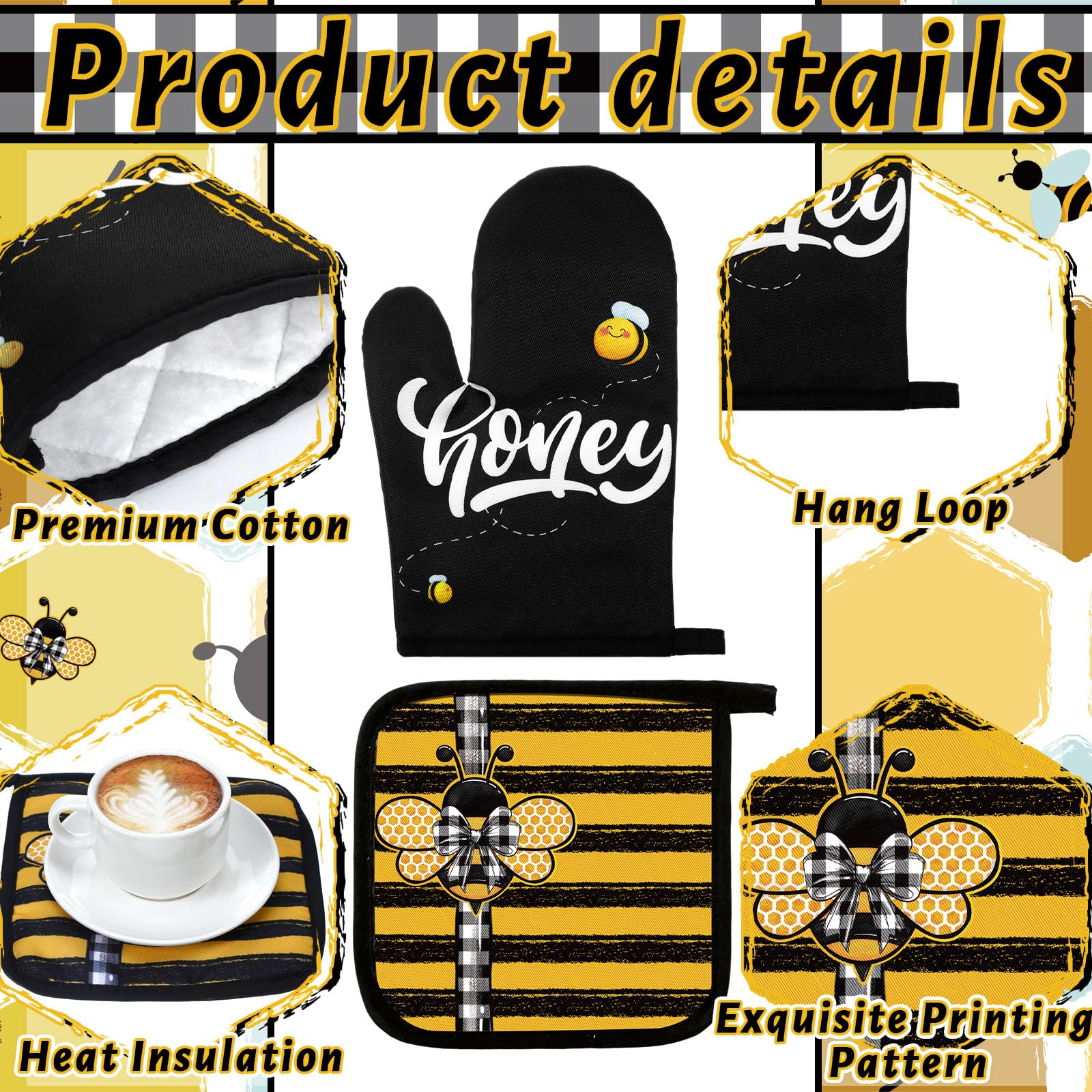 Juego de 6 toallas de cocina de abeja, decoración y accesorios de cocina, guantes florales para horno y soportes para macetas, paños absorbentes de cocina para cocinar, hornear y asar a la parrilla 5
