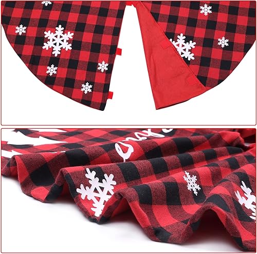 Miniatura 4 de Falda de árbol de Navidad, tapete de árbol de Navidad a cuadros rojos y negros con diseño de copo de nieve para decoraciones de fiesta de Navidad,