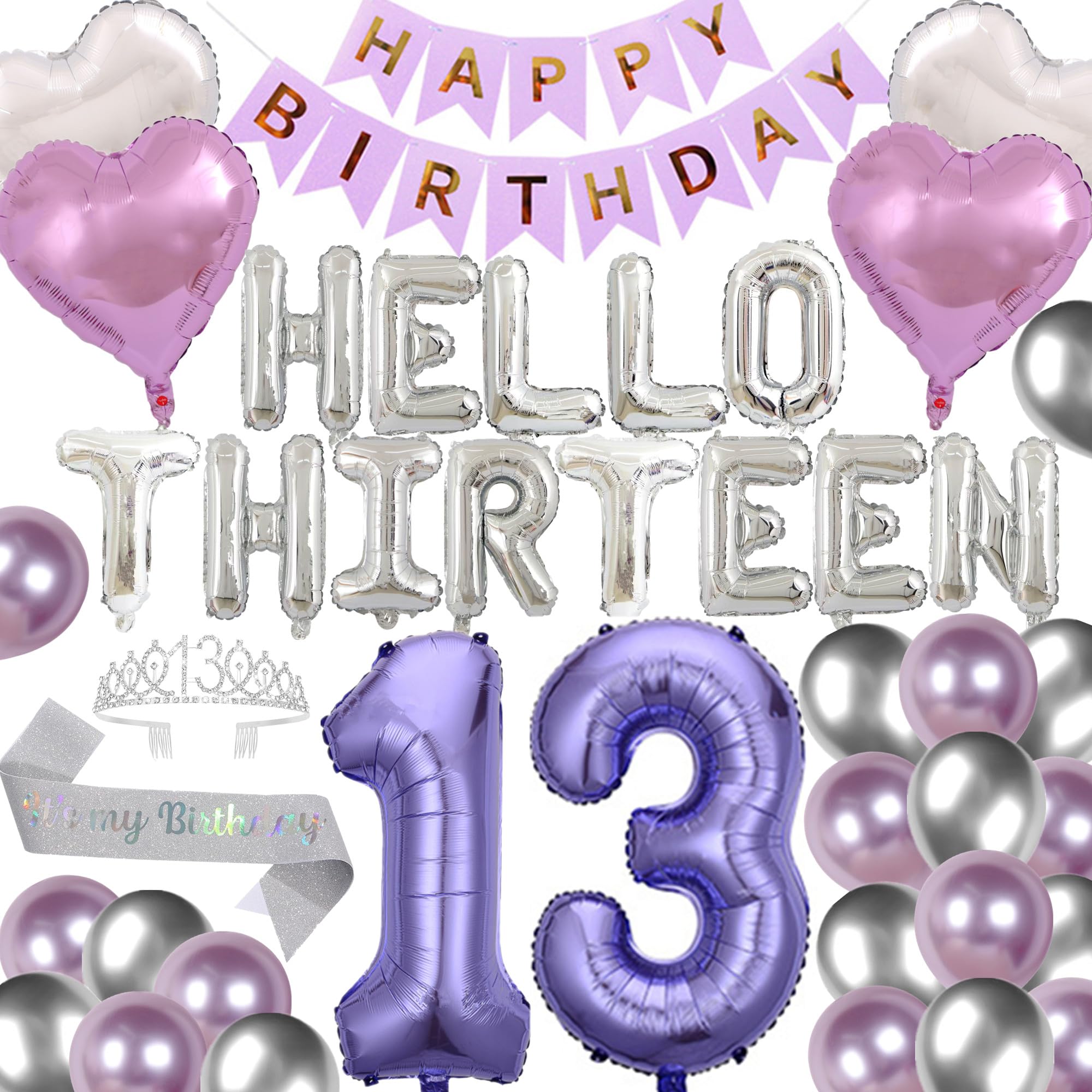 13th Birthday Party Decorations Hello Thirteen Birthday Party Balloons Silver 13th Birthday Tiara Sash Happy Birthday Banner for 13 Year Old Girls