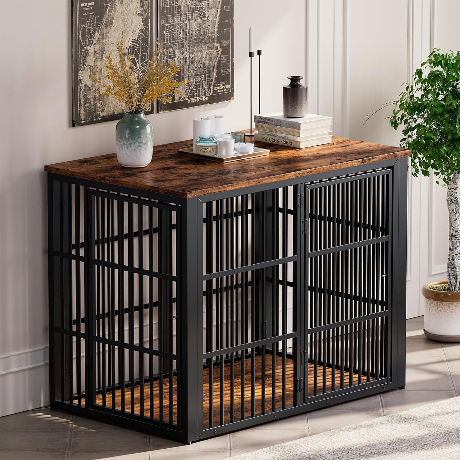 Lyromix 48" Foldable Dog Crate Furniture, Quick Assembly Large Dog Kennel Furniture for Medium and Large Breed, Chew-Proof XL Wooden Dog Cage as Side End Table, Rustic Brown