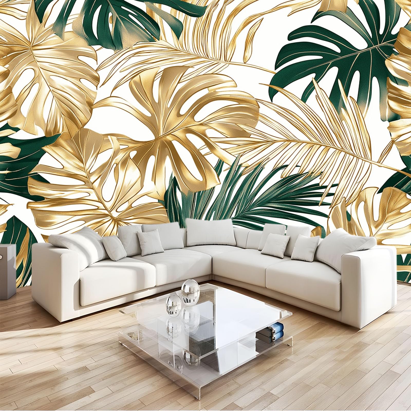 Papier peint tropical vert et doré pour un salon moderne et chaleureux