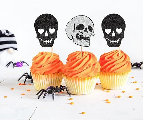Miniatura 6 de Ercadio Paquete de 24 adornos para cupcakes de calavera con purpurina para Halloween, decoración de cupcakes de calavera de terror para Halloween,