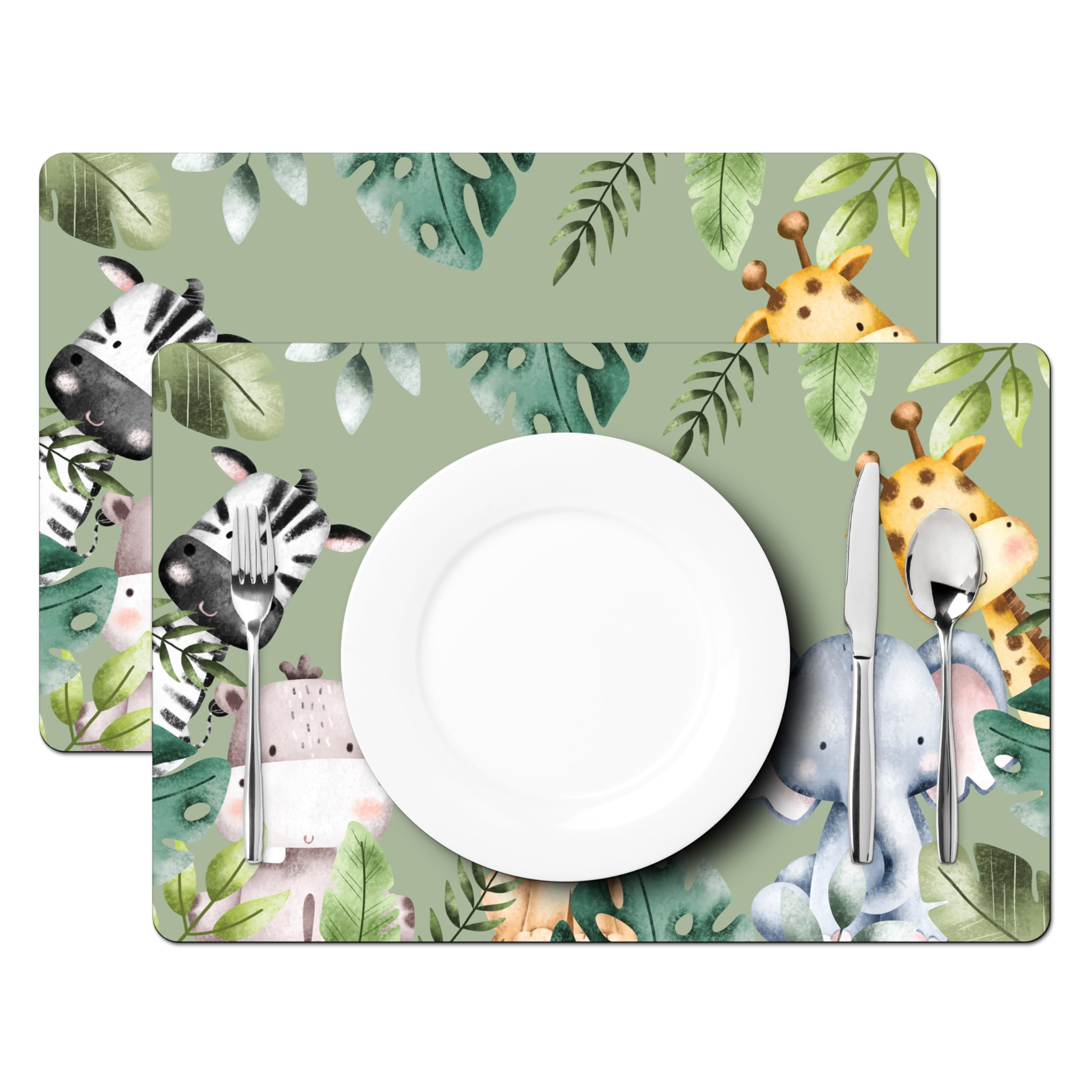 KitchenYeah© Set Tovagliette Americane Lavabili 6 Pezzi 45x30 cm Tovaglietta Plastica Rettangolare Antiscivolo per Cucina o Sala da Pranzo Animali - Acquerello - Bambino - Natura