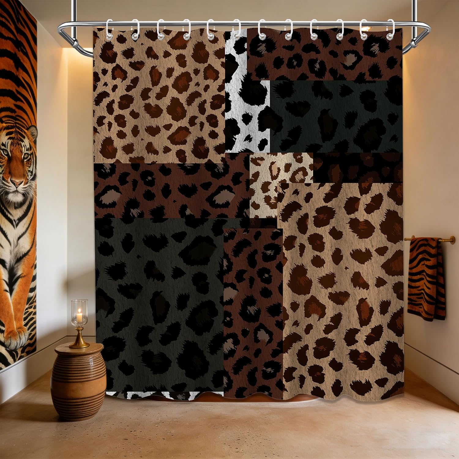 Brown Leopard Shower Curtain Black Tan Cheetah Print Shower Curtains for Men Bathroom Decor, Waterproof Cloth Fabric with Hooks 70" W x 84" L